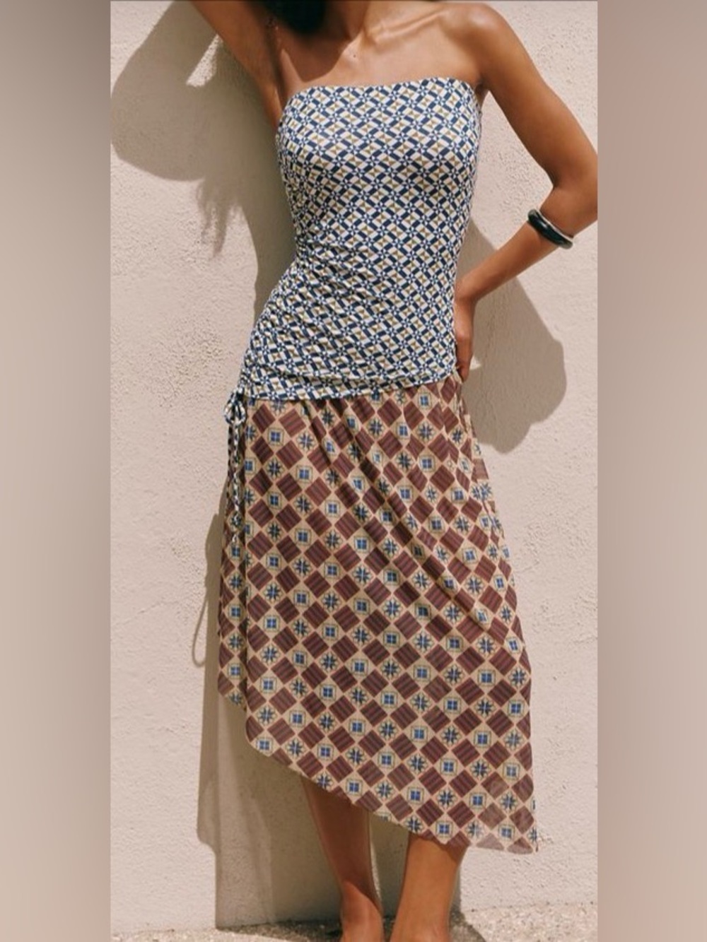 Anthropologie set: 2 pieces- Geo Print Midi Skirt/tube top in Brown, and Blue: S